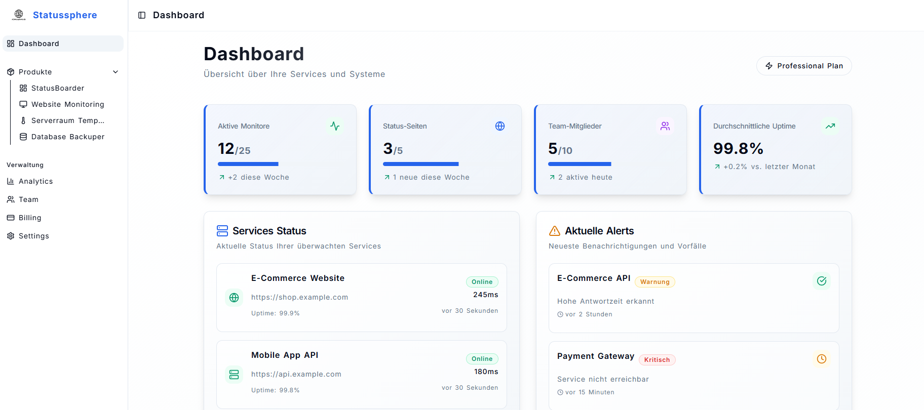 Screenshot des Statussphere Dashboards mit Übersicht über Systemstatus, Monitoring-Daten und Analytics-Berichte